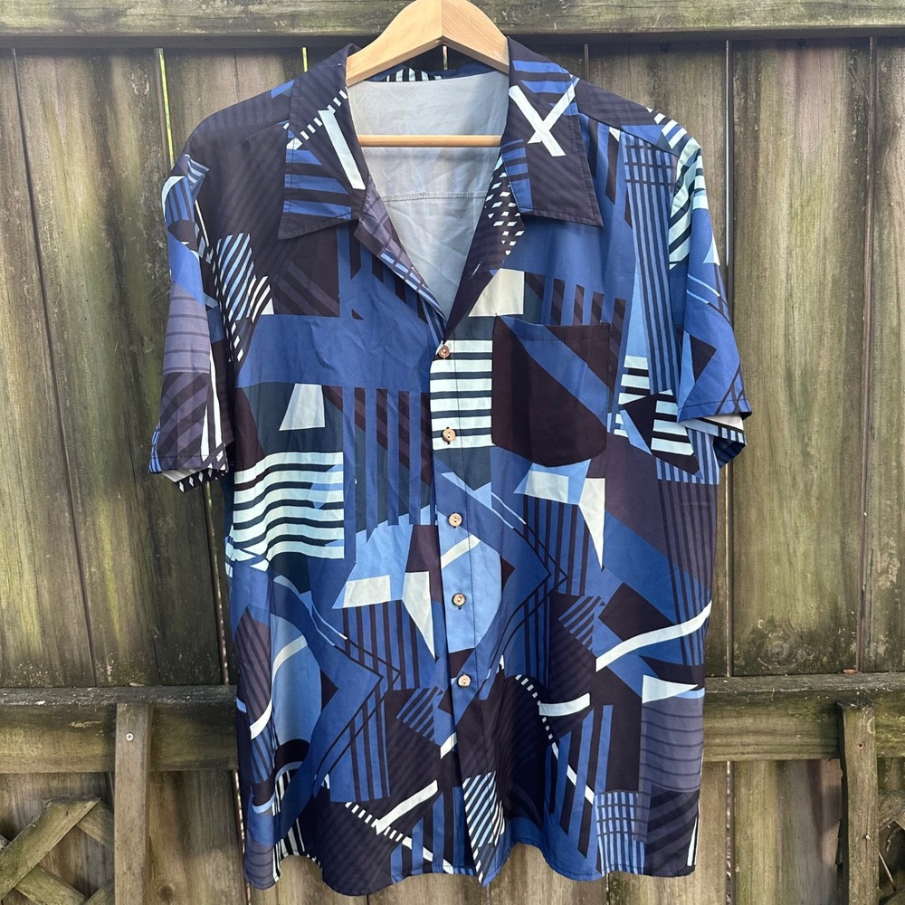 Vintage Blue Abstract Geometric Print Short Sleeve Button Down Shirt 80s 90s Y2K